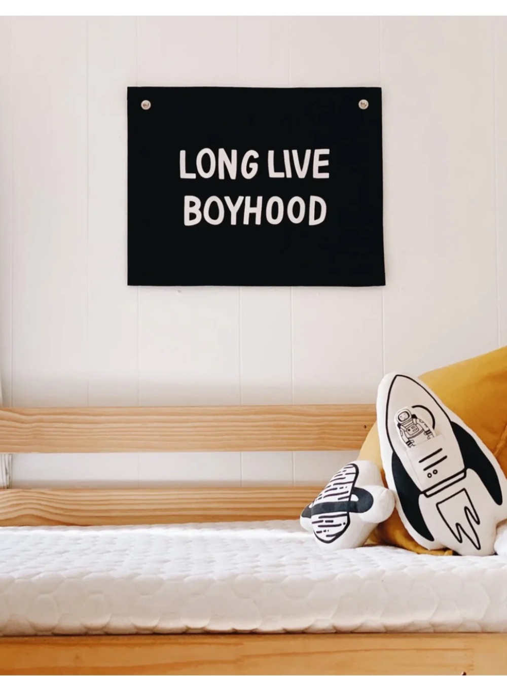 Black "Long Live Boyhood" Wall Banner - Modern Kids Room Decor